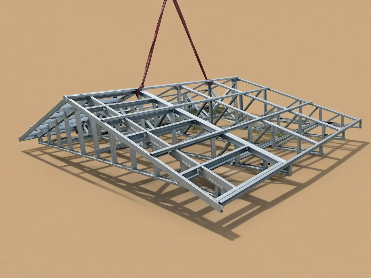 FRAMECAD steel roof truss system lifted by a sling