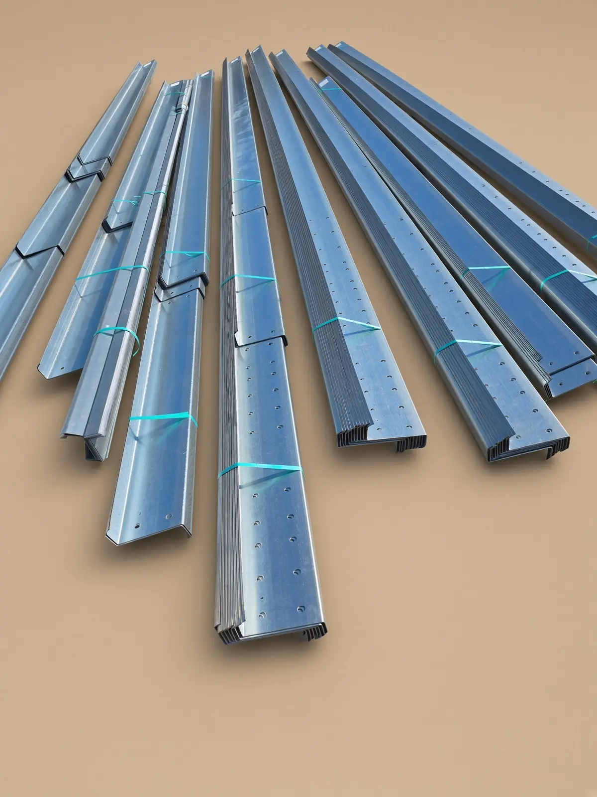 Galvanized Z purlins bundled and staged in the yard